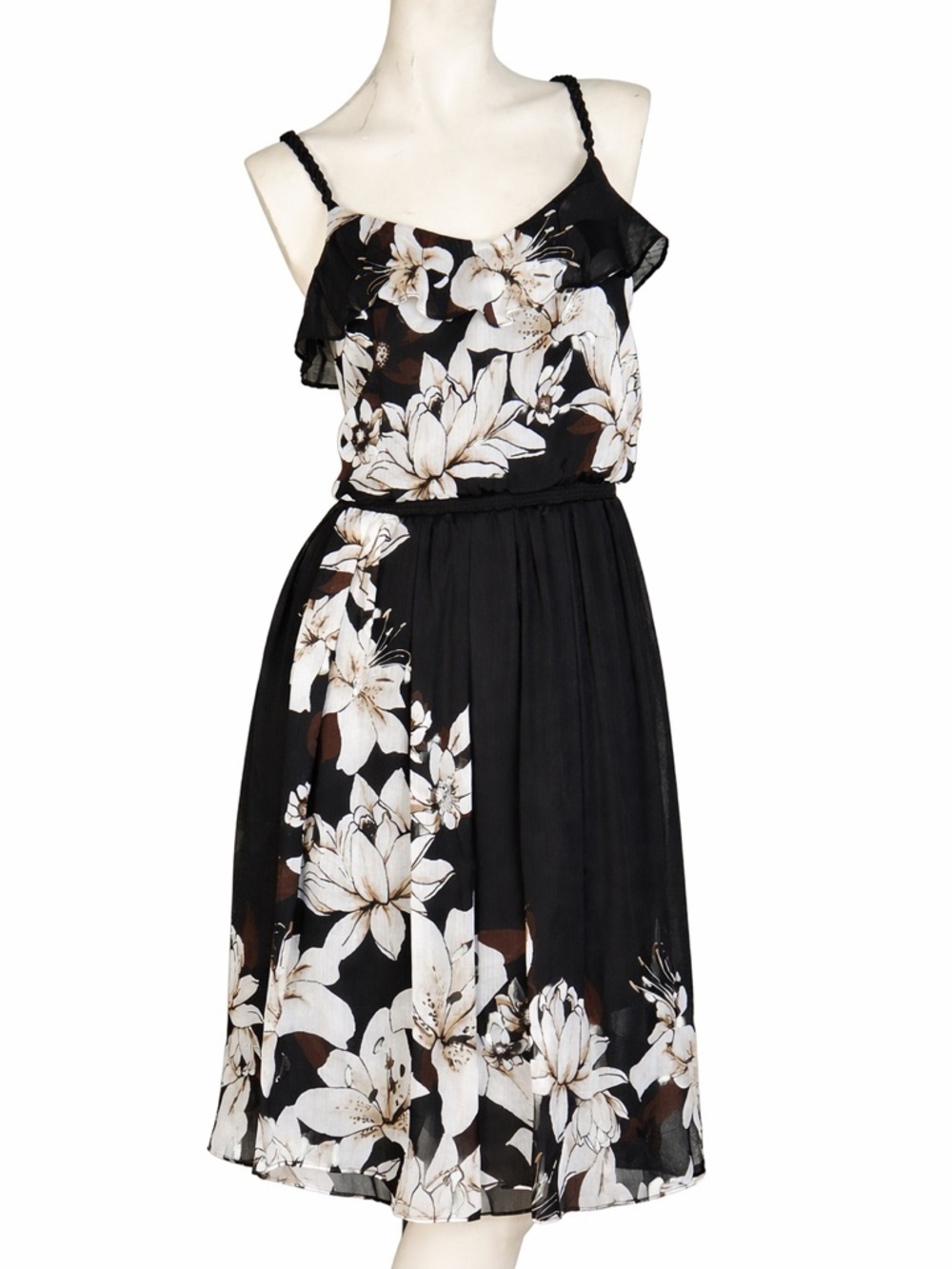 White House Black Market Black Floral Ruffle Dress Size 12 Flowy Chiffon Midi